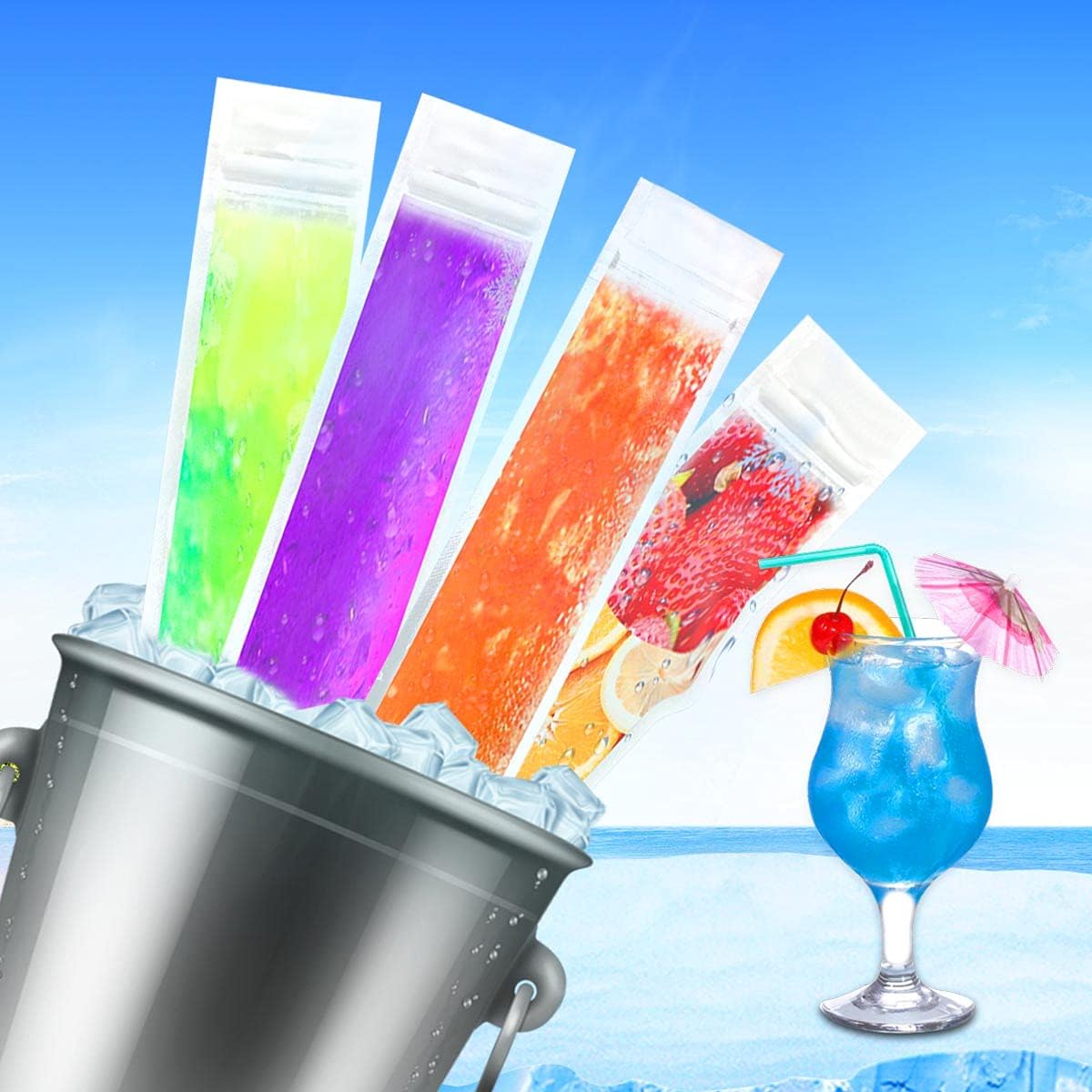 yuntop 60 Pack Ice Pop Mold Bags & Funnel Disposable Ice Mold Bags for Freeze Yogurt Sticks Juice Fruit Candy DIY