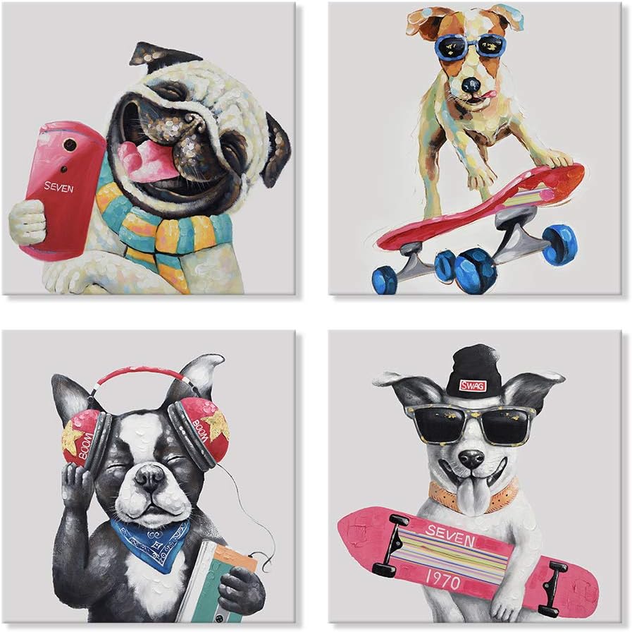 12'' 12'' 4 SEVEN WALL ARTS Colorful Gallery Pet Canvas Painting Puppy Artwork Abstract Hip-hop Dog Cartoon Picture