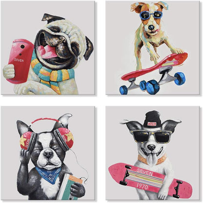 12'' 12'' 4 SEVEN WALL ARTS Colorful Gallery Pet Canvas Painting Puppy Artwork Abstract Hip-hop Dog Cartoon Picture