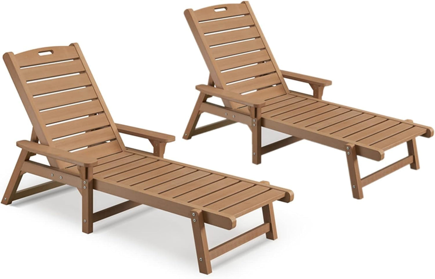Psilvam Chaise Lounges Set of 2, Lounge Chairs with Adjustable Backrest, Supports Up to 350 lbs, All Weather Recliner Poly Lumber Lounges Bed for Poolside, Patio, Porch(Light Brown)