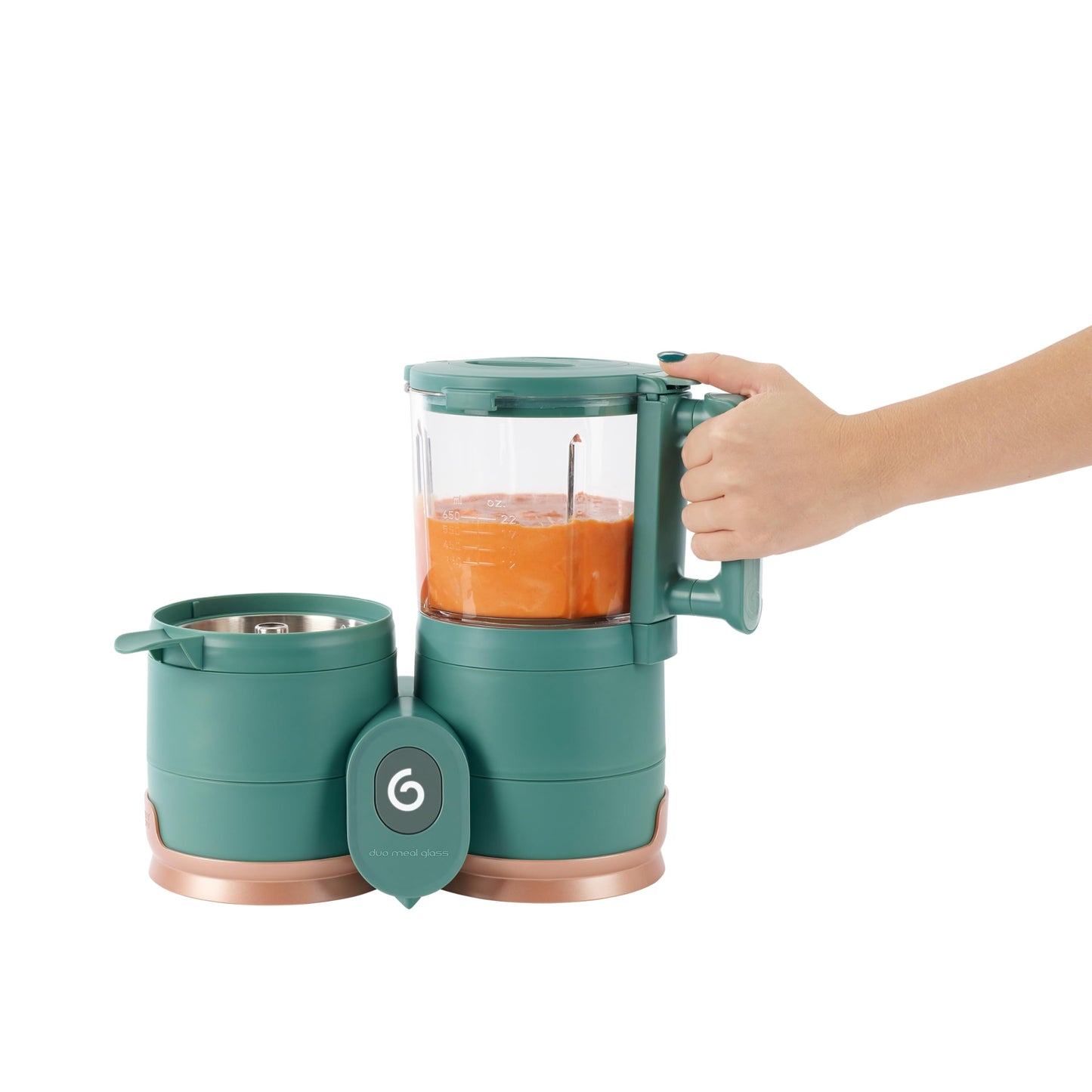 Babymoov Duo Meal Glass Food Maker - Baby Food Processor with Built-in Glass Steamer, Stainless Steel Basket, and Glass Blender (Over 6 Cup Capacity), Dark green