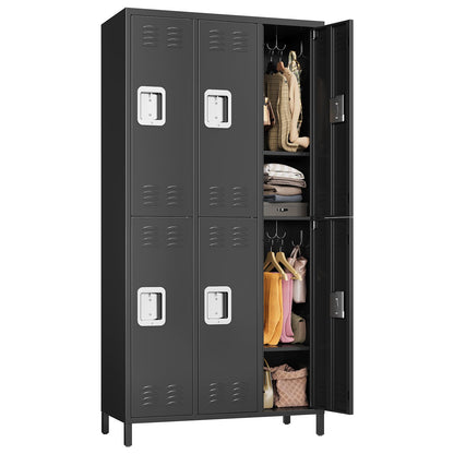 BouPower 72" Tall Metal Lockers for Employees with 12 Hooks and 9 Shelves, 6 Doors Office Storage Cabinet for Home, School, Gym, Office, Black