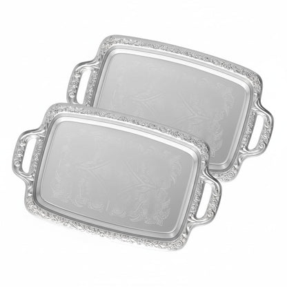 Tiangrid 2 Pcs Silver Serving Tray Elegant Floral Metal Plate Silver Platter for Buffet Wedding Party Jewelry Decorative (Oblong with Handle)
