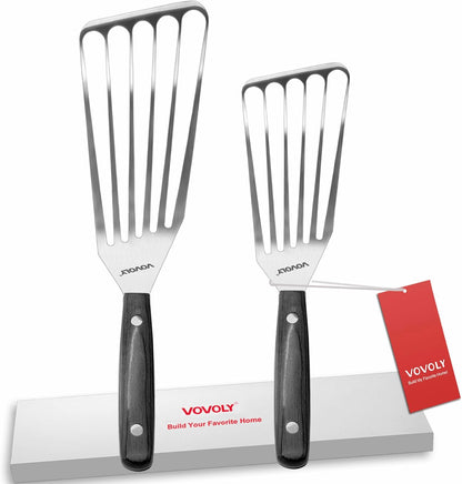 2 Pack Stainless Steel Fish Spatula Turner, Slotted Spatulas for Flipping, Turning, Frying & Grilling, Wooden Full Tang