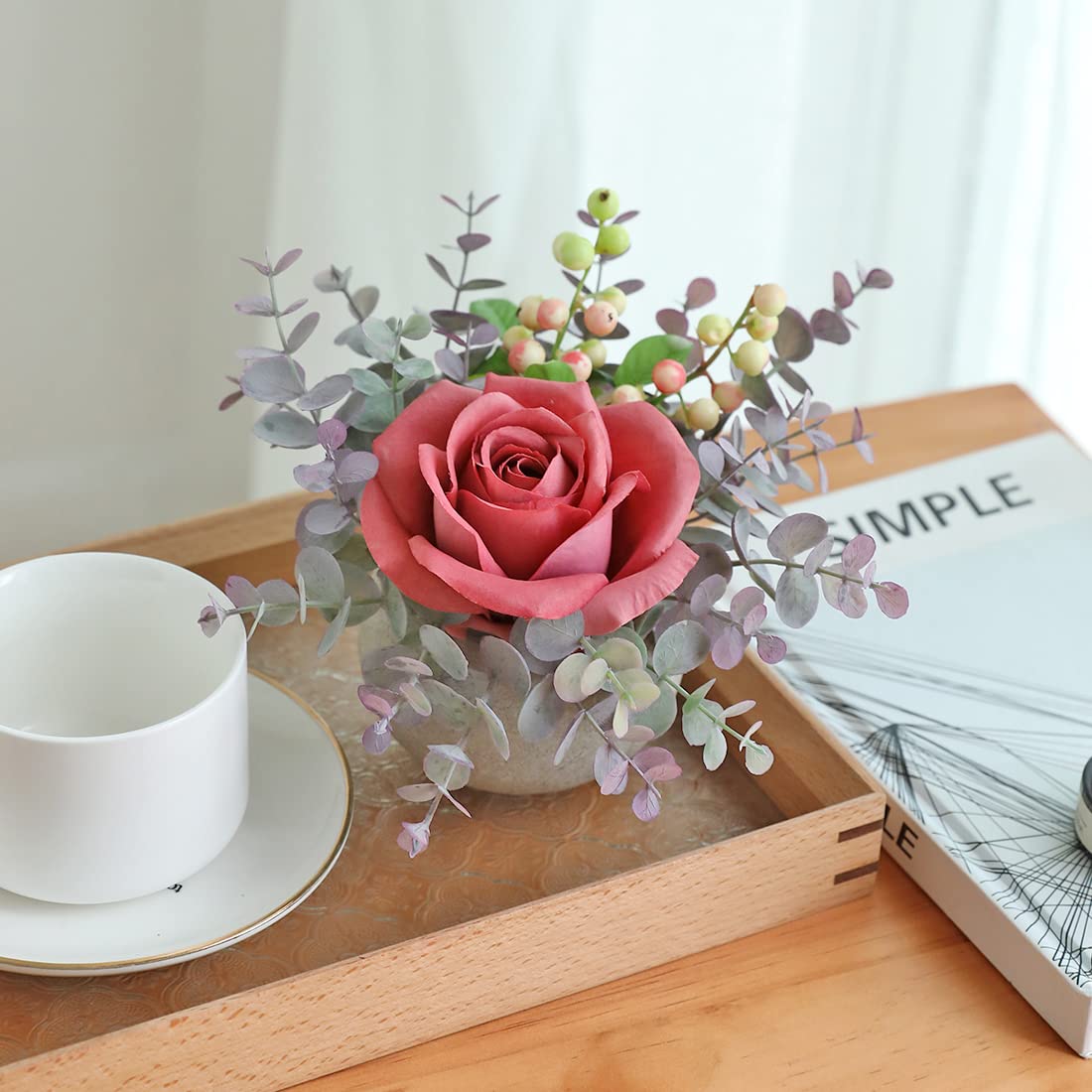 Rosscer Artificial Flowers Kit with Pot, Combination of Fake Silk Pink Roses and Greenery,Small Plant Potted Decor for Offices,Bookshelf,Bedroom, Living Room,Party,Wedding Decorations