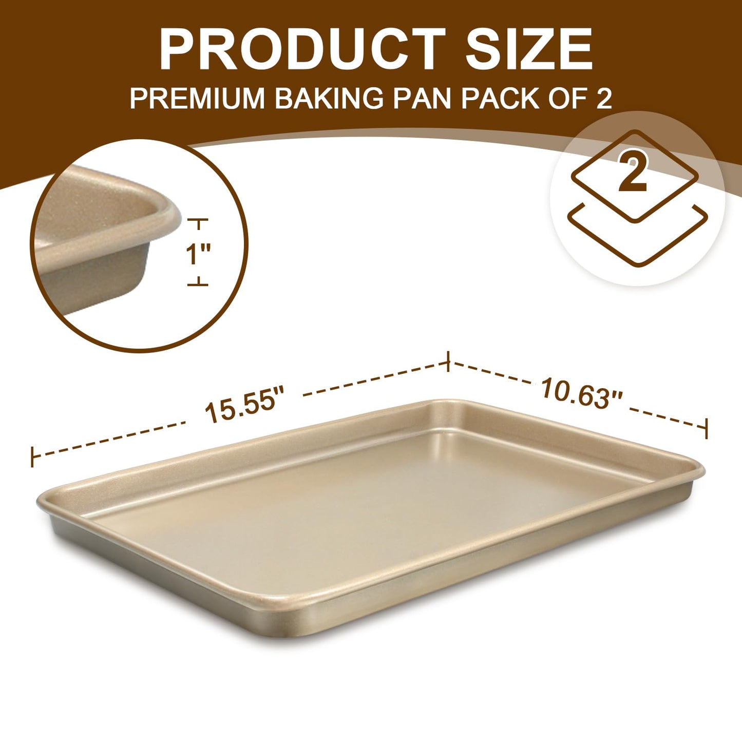 Baking Sheet Pan Set of 2, Wildone Commercial Cookie Sheets for Baking, Nonstick Carbon Steel Jelly Roll Pan Oven Tray 15x10 Inch, Heavy Duty & Easy Clean