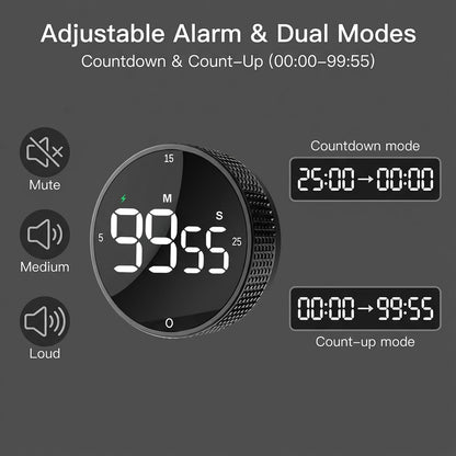 TLTWHS Rechargeable Magnetic Kitchen Timer, LED Countdown/Count-Up Timer, Supports USB-C Charging, with Loud Alarm, 3 Preset Quick Times (5/15/25m), Perfect for Kitchen Cooking, Studying, and Fitness