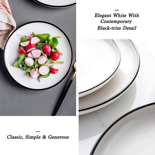 BonNoces 10 Inch Porcelain Dinner Plates, Elegant White with Black Edges Design, Classic Round Serving Plates Set for Steak, Pasta, and Salad, Set of 6