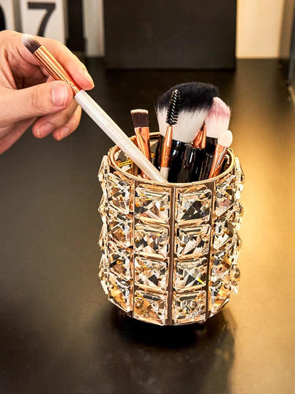 JOSALINAS Golden Crystal Makeup Brushes Holder Organizer for Cosmetics Comb Brushes, Eyebrow Pen Pencil Storage Case Container, Golden