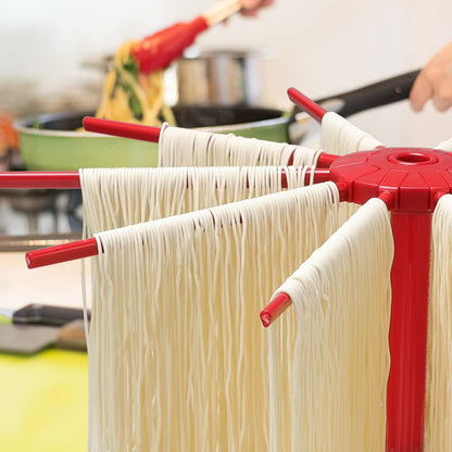 Cambom Foldable Pasta Drying Rack- Plastic Spaghetti Noodle Dryer with 10 Bar Handles Red