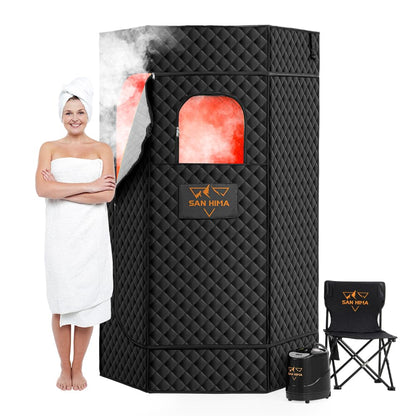 SAN HIMA Portable Sauna for Home, 1 Person Steam Sauna Box with Red Light Therapy, 3L 1500W Steamer, 9 Heat Levels, 90 Minute Timer, Foldable Chair, Remote Control, Indoor Home Spa Sauna Tent