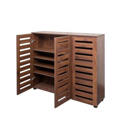 KEIKI 44.88'' Wooden Shoe Cabinet Storage for Entryway with 3 Louvered Door, Freestanding Sideboard Buffet Table Organizer for Hallway, Living Room, Adjustable 4-Tier Shelves, Walnut
