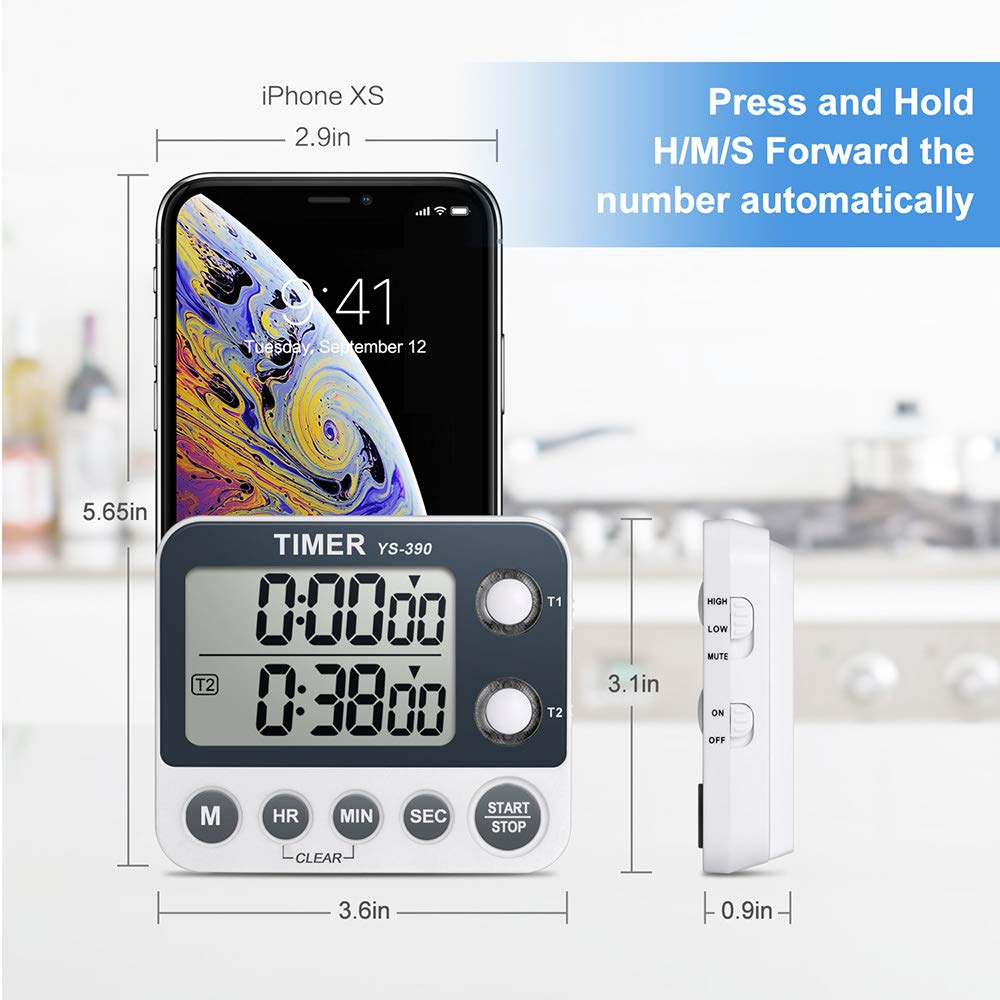 HomeMall Digital Kitchen Cooking Timer, Dual Count Up & Down with Magnetic Back, Large Display, Adjustable Volume and Flashing Alarm Light, ON/Off Switch Stopwatch, Battery Included