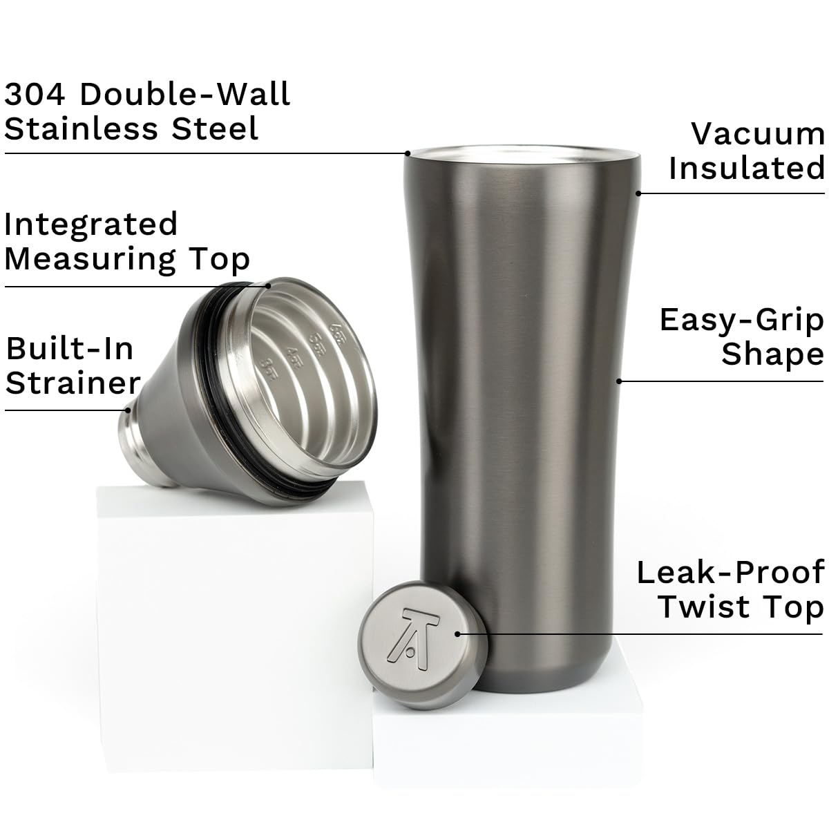 Elevated Craft Hybrid Cocktail Shaker - Premium Vacuum Insulated Stainless Steel Gunmetal Cocktail Shaker - Innovative Measuring System - Martini Shaker for the Home Bartender - 28oz Total Volume