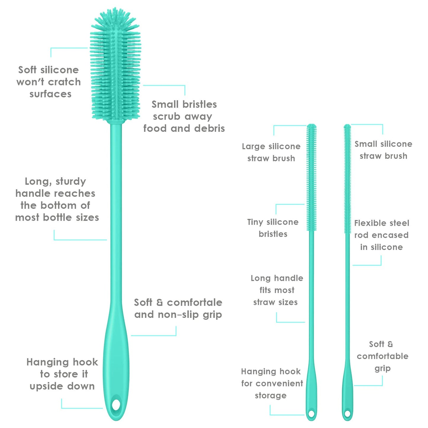 Purtribe 3-in-1 Silicone Bottle Brush and Straw Cleaning Brush Set, Water Bottle Cleaner for Narrow Neck Containers, Tumblers, Flask, Vase and Glassware (Teal)