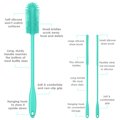 Purtribe 3-in-1 Silicone Bottle Brush and Straw Cleaning Brush Set, Water Bottle Cleaner for Narrow Neck Containers, Tumblers, Flask, Vase and Glassware (Teal)