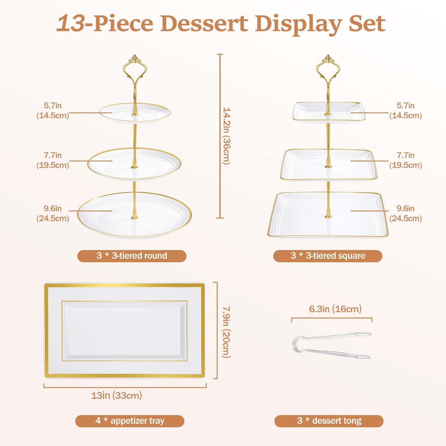 Lzerking 13pcs Dessert Table Display Set, 6 3-Tiered Cupcake Stands (3round & 3square) with 4 Trays & 3 Tongs, White Gold Plastic for Wedding, Tea Party, Baby Shower Decor, Birthday Party Decoration