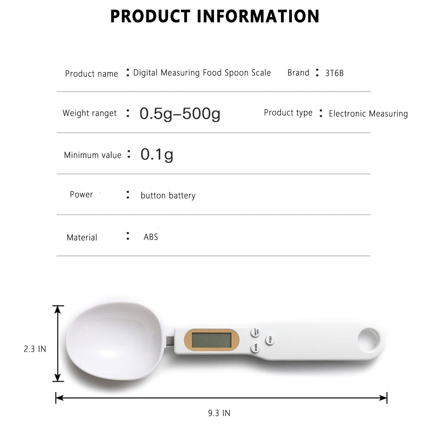 3T6B Spoon Scales Digital Weight Grams, 0.5g-500g Kitchen Electronic Gram Measuring Spoon Scales with Accurate LCD Display for Dispensing Coffee Beans, Milk, Flour