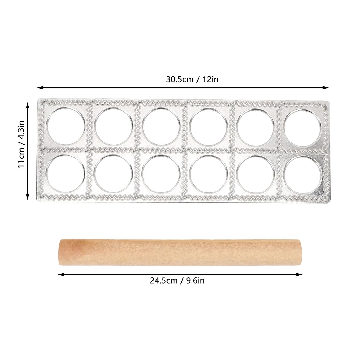 WAHEWUD Ravioli Cutter Aluminum Alloy 12 Cavity Ravioli Mold Set with Solid Wood Rolling Pin Consistent Shape Design Empanada Maker Press for Home Kitchens Tortellini Dough Types