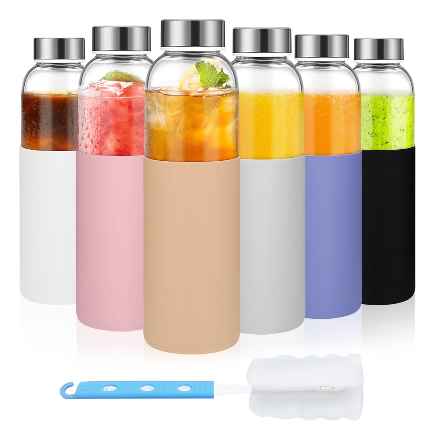 Luxfuel 18 oz Glass Juice Bottles with Lids and Silicone Sleeve, 6 Pack Reusable Clear Glass Water Bottles with Stainless Steel Cap for Juicing, Refrigerator,100% Leak Proof, BPA Free Drinking Bottle