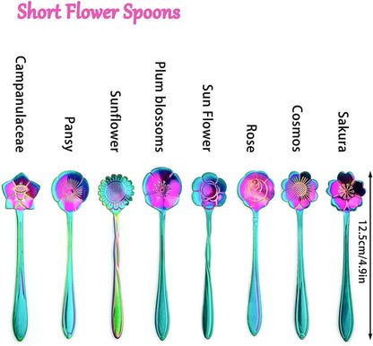 8 Pieces Rainbow Flower Spoon Set - LEEFONE Stainless Steel Reusable Tea Spoon, 8 Different Patterns