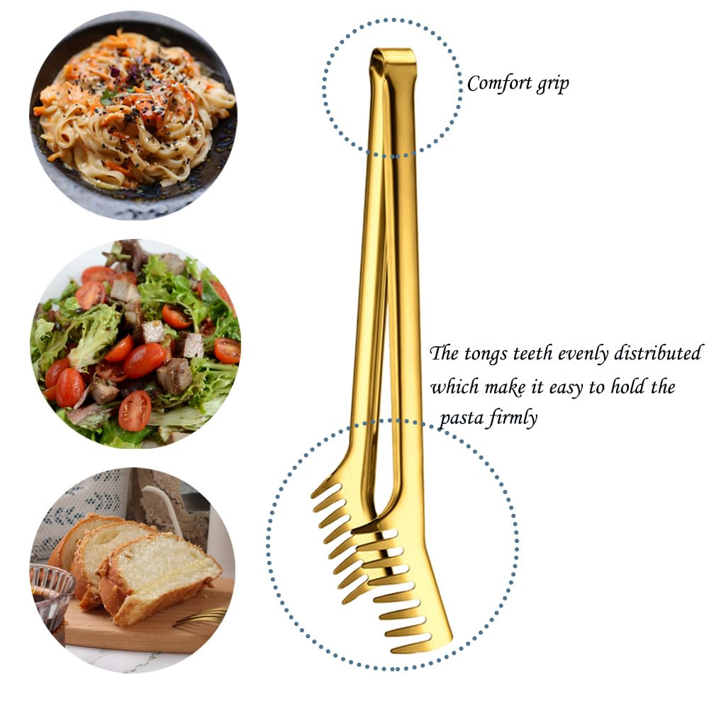 Gold Stainless Steel Spaghetti Server Set, Spaghetti spoon with teeth,12'' Pasta Tong and 13.6'' Pasta spoon,4-Hole Stainless Steel Spaghetti Measure Tool. for Noodles Pasta Serving Gadgets(3 Pieces)