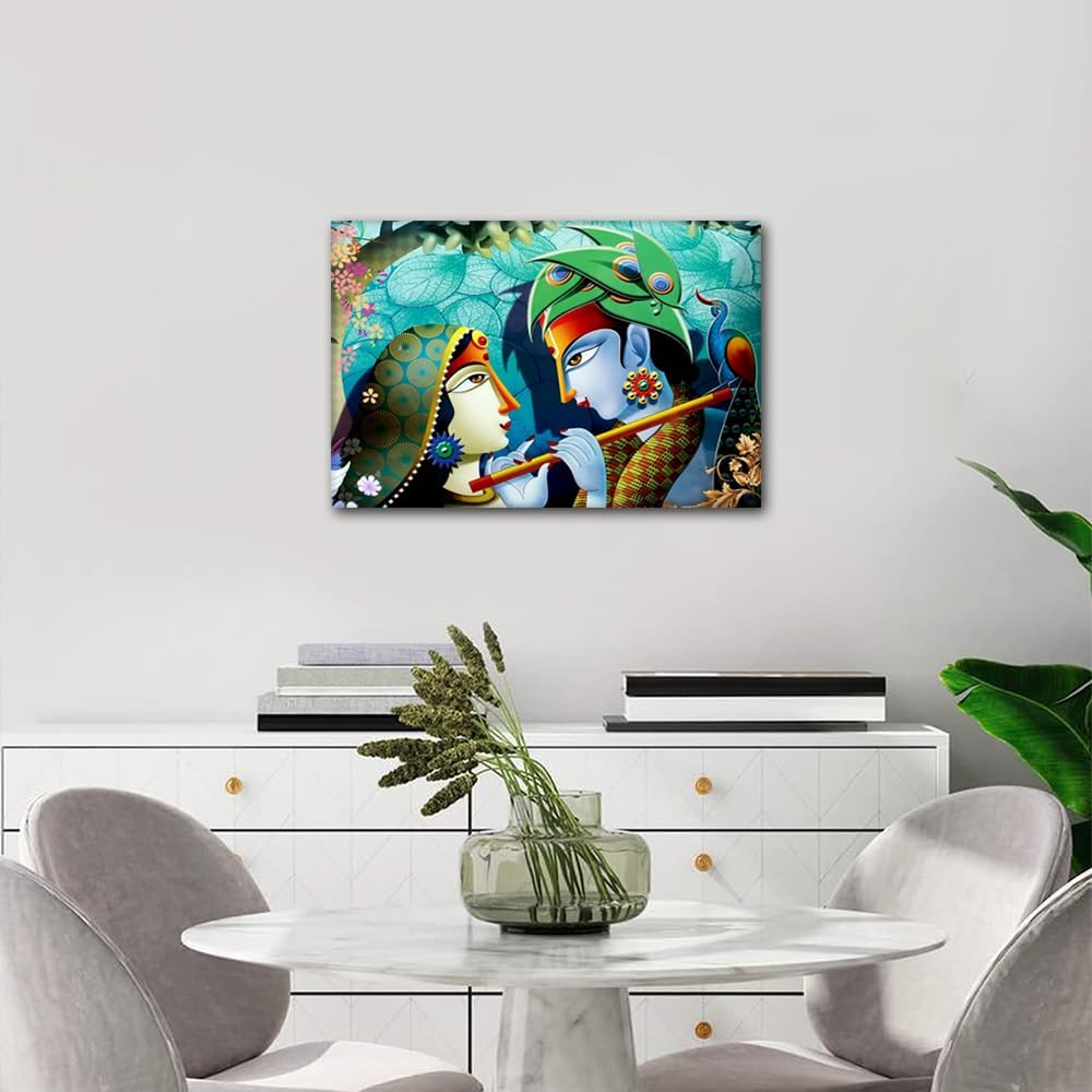 Canvas Wall Art of Lord Krishna, Retro House Decorations, Giclee Framed Stretched Ready to Hang 24"Wx16"H