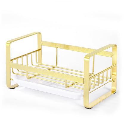 HULISEN Kitchen Sink Sponge Holder, 304 Stainless Steel Kitchen Soap Dispenser Organizer, Countertop Drainer with Removable Tray, not Including Dispenser and Brush, Gold