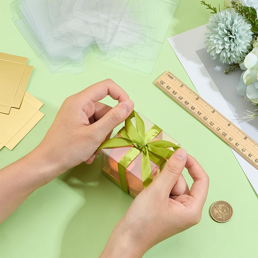 BENECREAT 30 Pcs Clear Gift Boxes, 2.4x2.4x2.4 Inch Folding PVC Favor Boxes with Gold Paper Card Base for Wedding Birthday Party Festival Gift Packaging