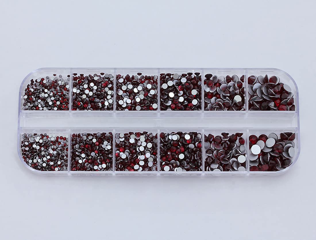 Over 2100 Pieces Red Ruby Garnet Flat Back Glass Rhinestones Crystals for Nail Art Kit 6 Sizes (1.4mm - 4.8mm)