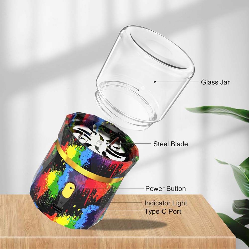 Electric Grinder, Small Spice Grinder Electric Grinders Mini Size 2inx3.5inches with 2pcs 1.7oz/50ml Glass Jar Rechargeable Automatic Small Grinder