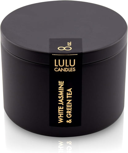 Lulu Candles White Jasmine & Green Tea Scented Candle, Luxury Hand Poured Soy Tin Candle, Highly Scented (8 Oz. Tin)