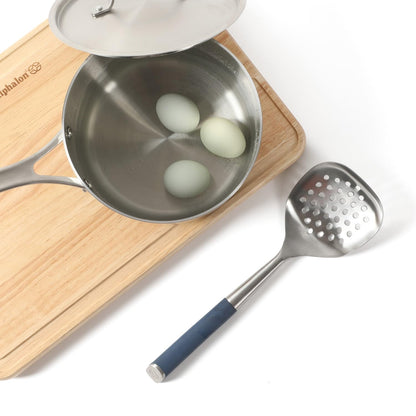 Calphalon Edge Stainless Steel Slotted Spoon/Skimmer with Navy Blue Handle, Slotted Cooking Tool for Draining and Skimming, Heat-Resistant, Durable Kitchen Utensil for Everyday Use