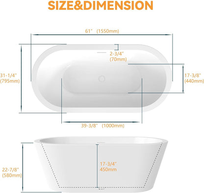 Adecab 61" Freestanding Bathtubs, Acrylic Soaking Tubs for Adult, Integrated Overflow and Drain, cUPC Certified, Glossy White