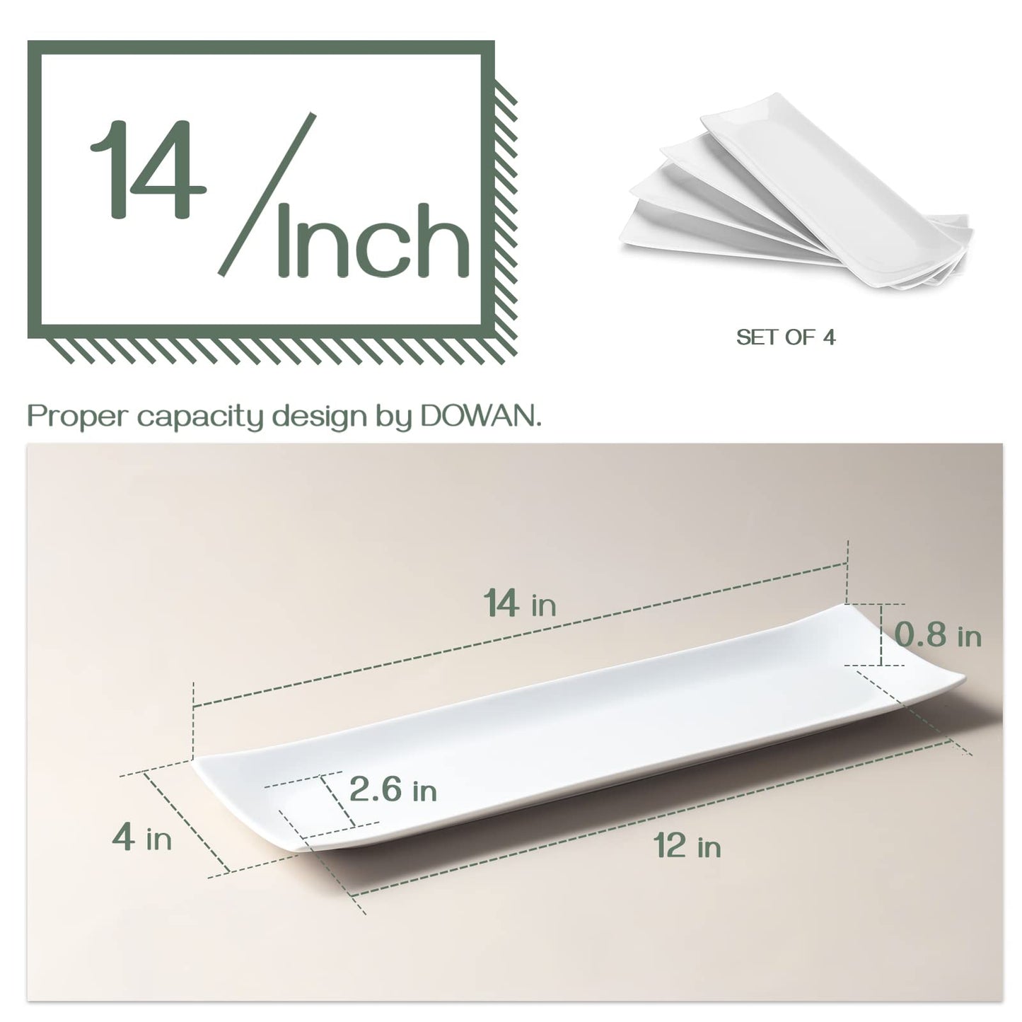 DOWAN 14" Sushi Plate Set of 4 - Long Rectangle Plates and Cracker Trays for Serving - White Ceramic Platters for Party and Entertaining - Dishwasher & Oven Safe