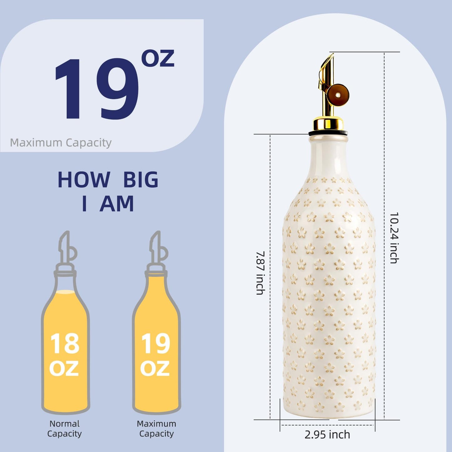 Suybur Ceramic Olive Oil Dispenser Bottle for Kitchen with Gravity Spout, 19 oz Opaque Relief Oil Cruet with Funnel, Oil Container for EVOO, Vinegar, and Soy Sauce (Petal Design)