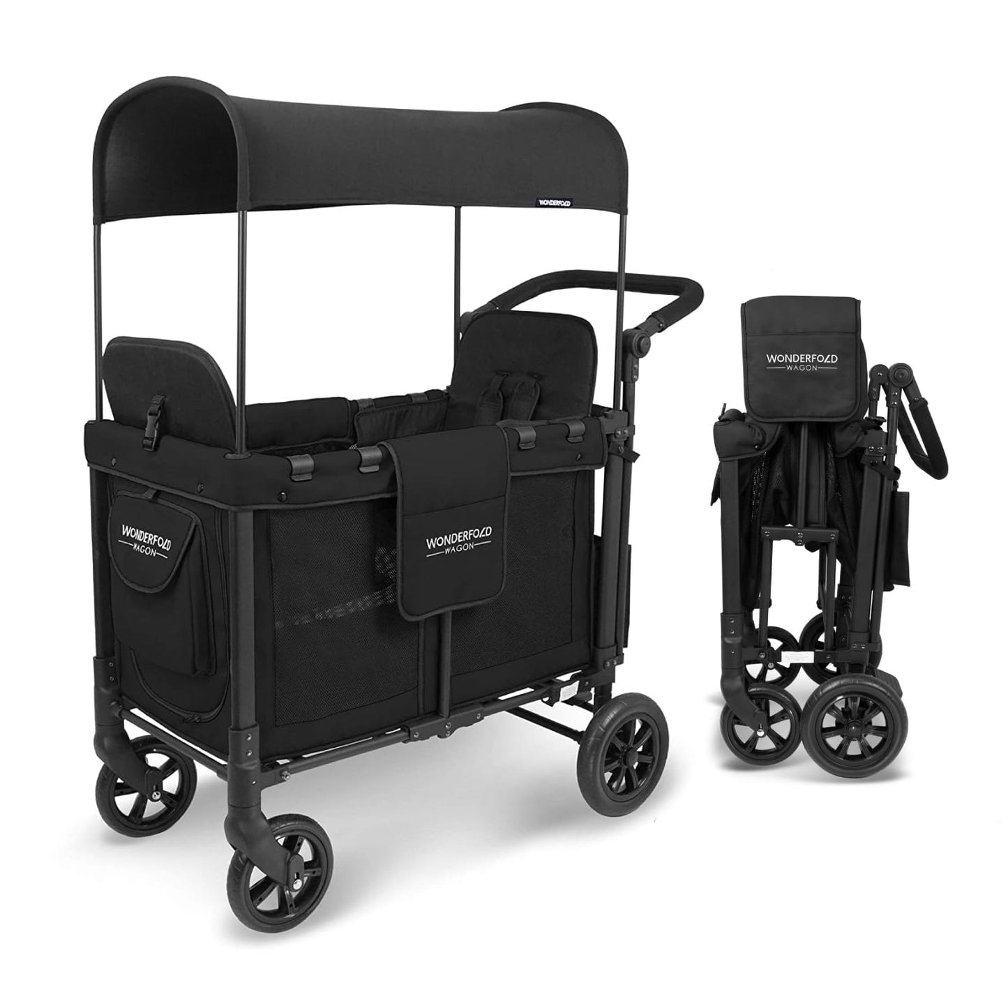 WonderFold W2 Stroller Wagon - Foldable Wagon with Steel Frame - Canopy & Adjustable Push Handle - All-Terrain Wheels - for Babies, Toddlers & Kids - 2 Seater - Black