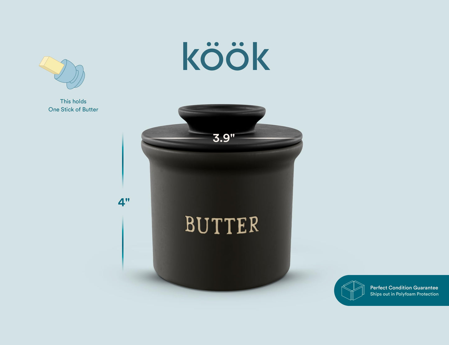 Kook Butter Crock with Lid, Soft Spreadable Butter, Ceramic French Butter Keeper to Leave On Counter with Water Line, Butter Dish, Home and Kitchen Decor, Perfect for Christmas Gift (Black)