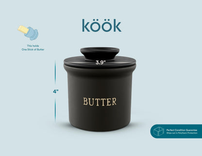 Kook Butter Crock with Lid, Soft Spreadable Butter, Ceramic French Butter Keeper to Leave On Counter with Water Line, Butter Dish, Home and Kitchen Decor, Perfect for Christmas Gift (Black)