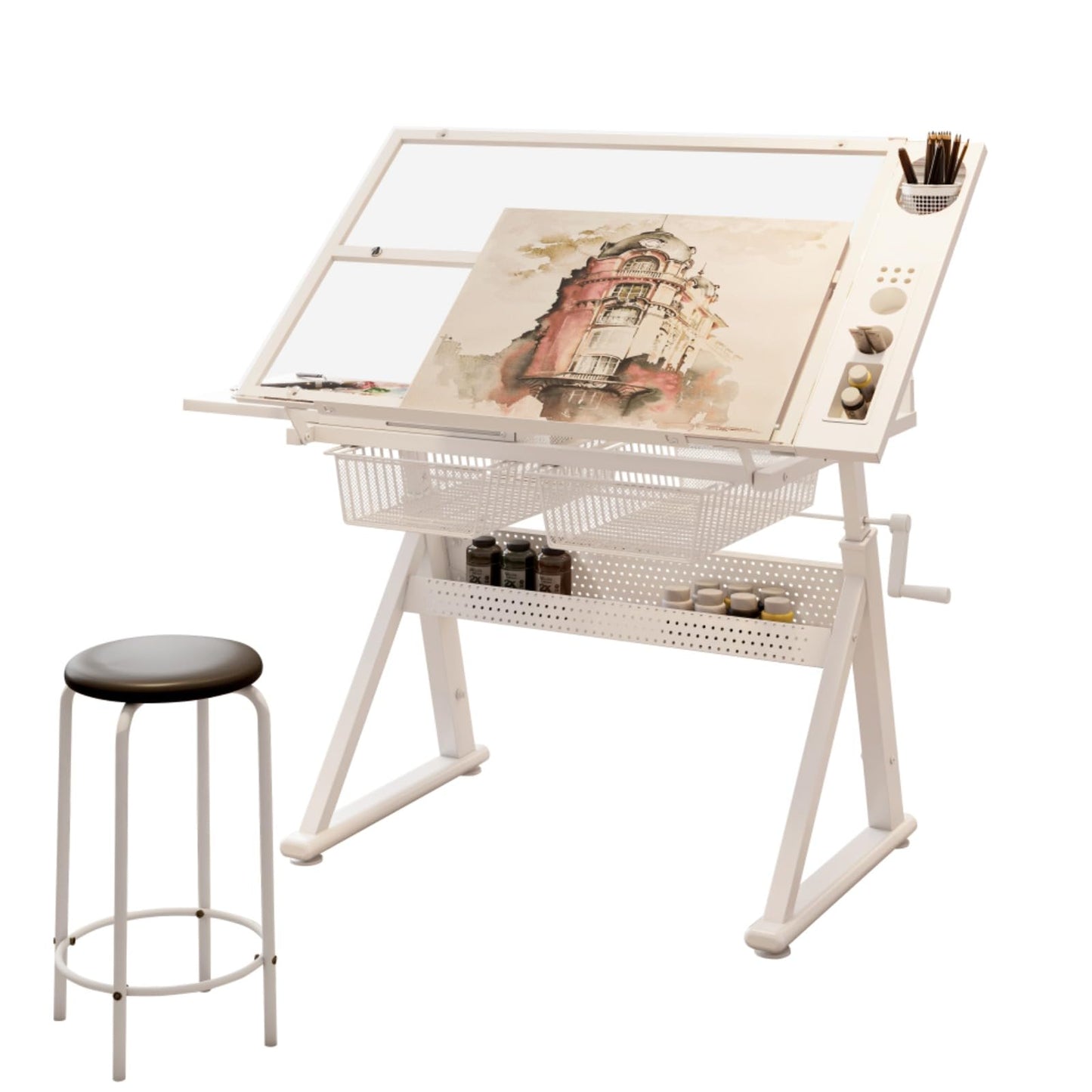 Hassyee Hand Crank Adjustable Tempered Glass Drafting Drawing and Printing Table with Chair and Storage Space for Living Room, Study, Bedroom (White)