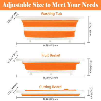 Rottogoon Collapsible Cutting Board, Foldable Chopping Board with Colander, Multifunctional Kitchen Vegetable Washing Basket Silicone Dish Tub for BBQ Prep/Picnic/Camping(Orange)