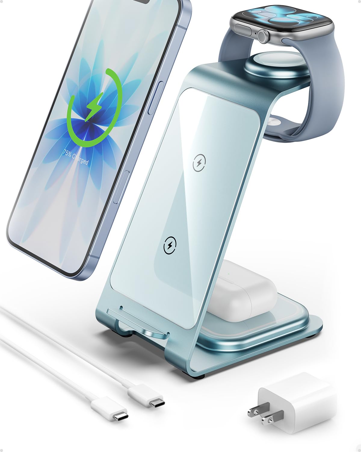 Intoval 3 in 1 Wireless Charging Station for iPhone 17 16 15 14 13 12 11 X Pro Max, Wireless Charger for Apple Watch Ultra 3 SE 9 8 7 6 5 4 3 2, for AirPods 4 Pro Pro 2 3 (Y93, Grey)