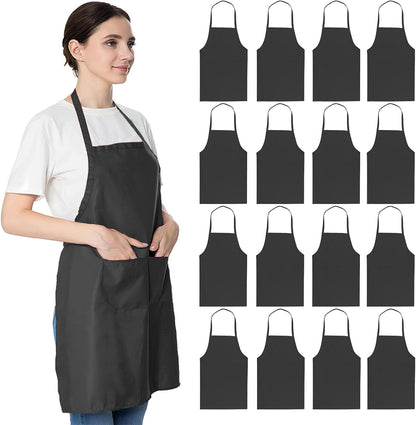 16PCS 2 Pockets(16, Total of Black Bib Aprons Bulk for Women Men-Adult Waitress Chef Cooking Kitchen Aprons with Black)