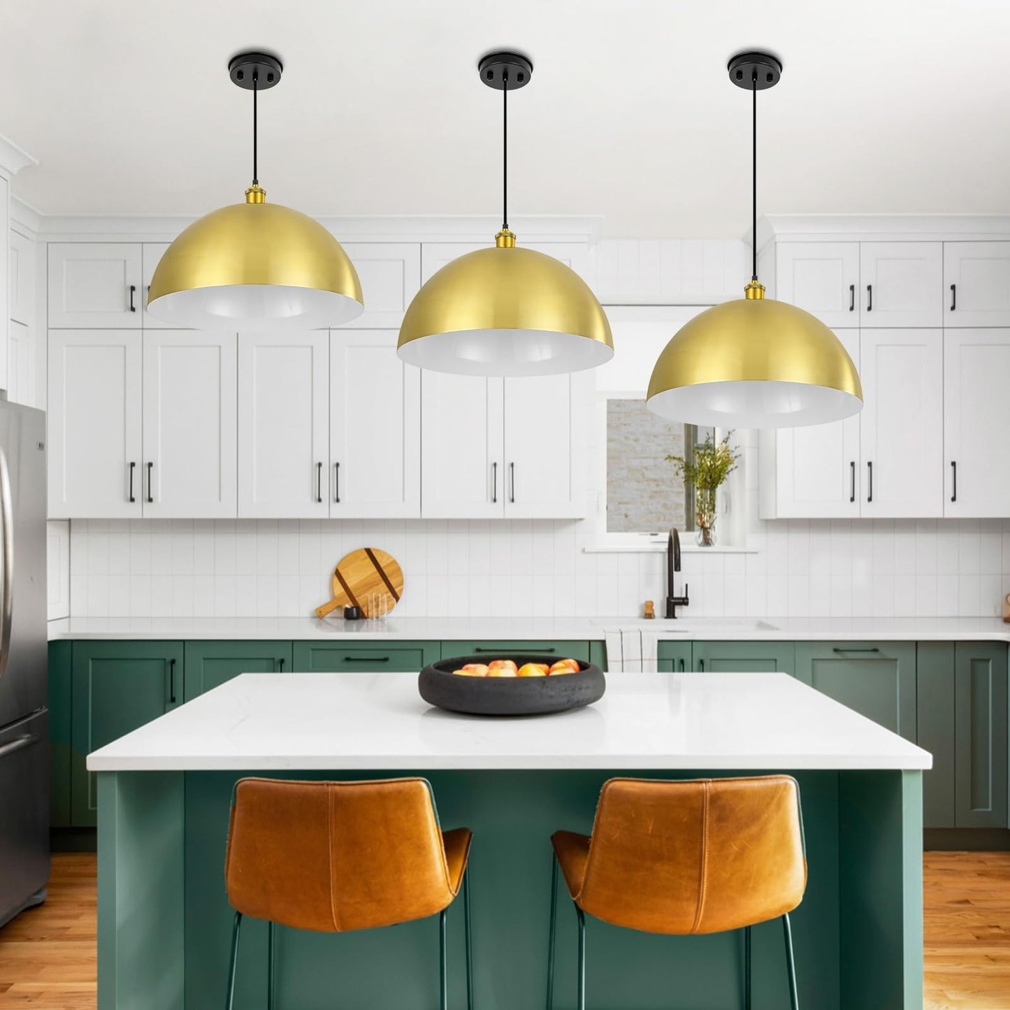 YOGIRL Gold Pendant Light, 20" Farmhouse Ceiling Light with Gold and White, Elegant Semi-Circular Shade Design, Adjustable Height Industrial Dome Pendant Lights for Kitchen Island, Dining Room