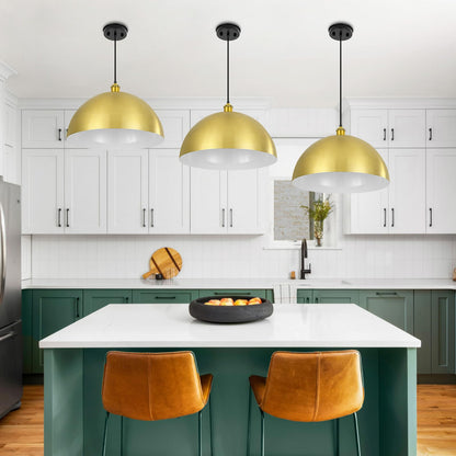 YOGIRL Gold Pendant Light, 20" Farmhouse Ceiling Light with Gold and White, Elegant Semi-Circular Shade Design, Adjustable Height Industrial Dome Pendant Lights for Kitchen Island, Dining Room