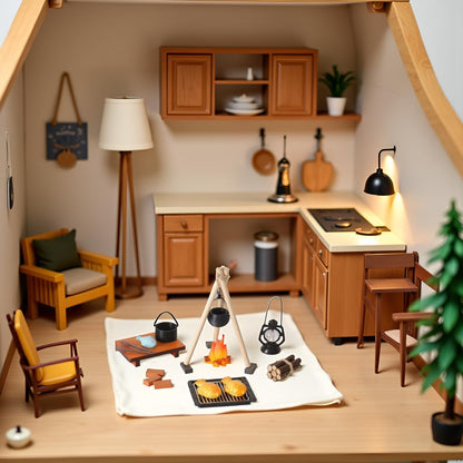 Miniature Camping Cooking Set – 1:12 Scale Dollhouse Outdoor Stove & Campfire Accessories for Micro Outdoor Scenes and Miniature Dioramas