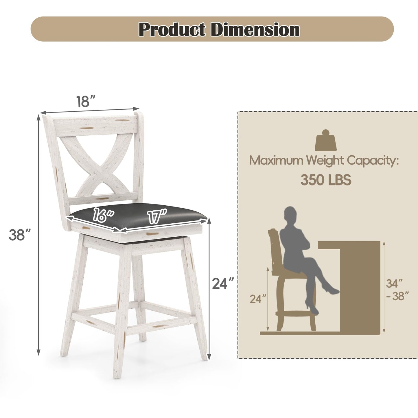Callales Swivel Bar Stools Set of 4, Farmhouse 24" Counter Height Barstools with X Carved Backs, Wooden Bar Chair with Solid Wood Legs & Footrest for Kitchen Island, Home Bar, Pub. Antique White