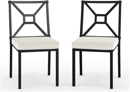 Martha Stewart Lily Pond All-Weather Stackable Patio Chairs with Elevated Backrest Design and Steel Frames in Black with Cream Cushions, Set of 2
