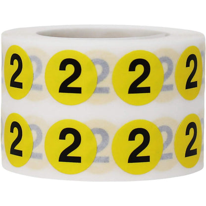 Yellow Circle Number 2 Stickers 0.50 Inch Round 1000 Labels on a Roll