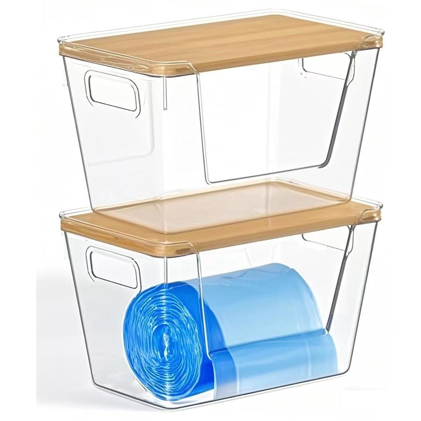Toowood 2 Pack, Trash Bag Holders with Bamboo Lids Garbage Bag Dispenser with Lid, Open Front Stackable Storage Bins
